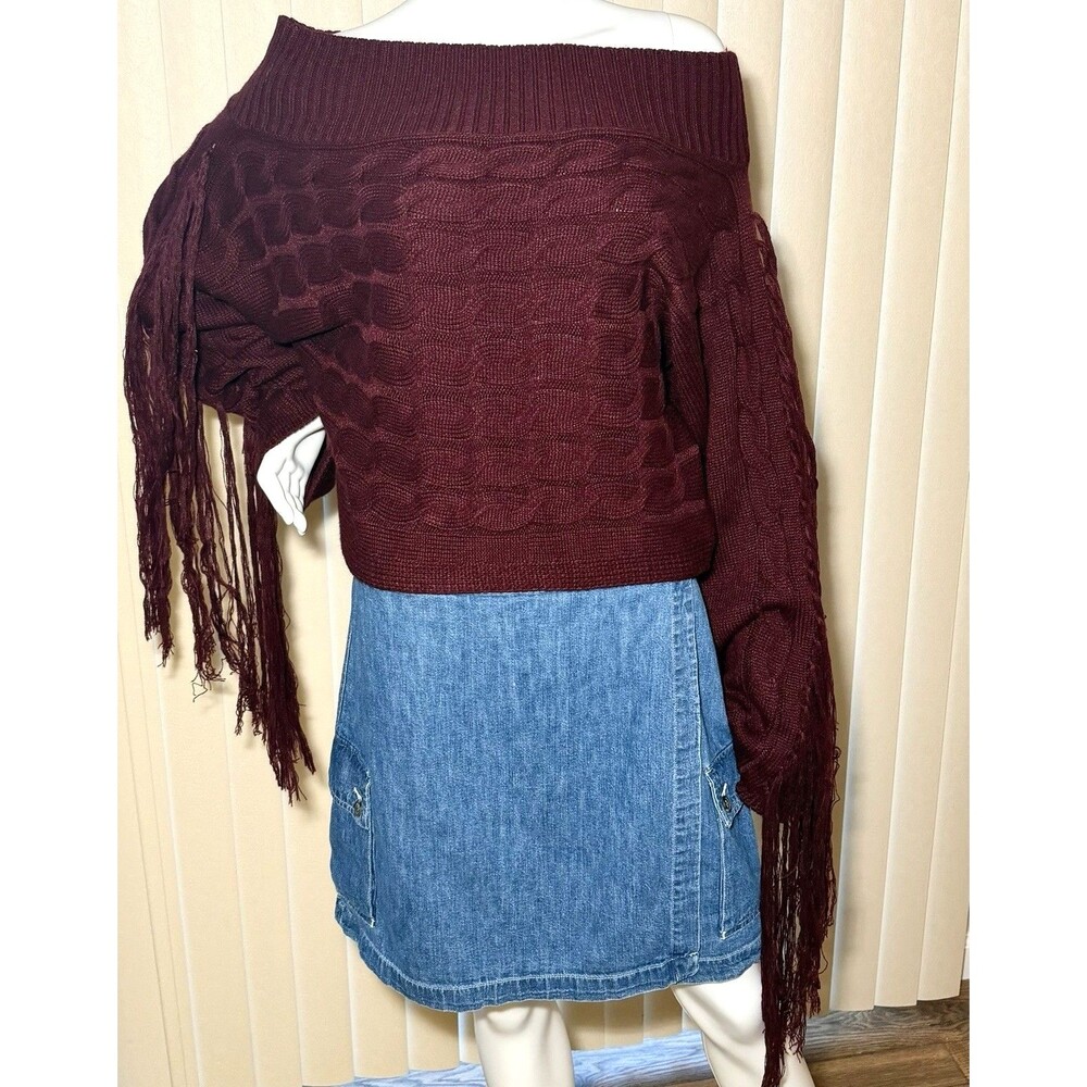 NWT Fancy Dream Burgundy Cable Knit Off Shoulder Fringe Crop Sweater M